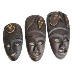 Vtg African Tribal Face Masks Wood Carved Wall Hang Tiki Signed M. Paul 10"